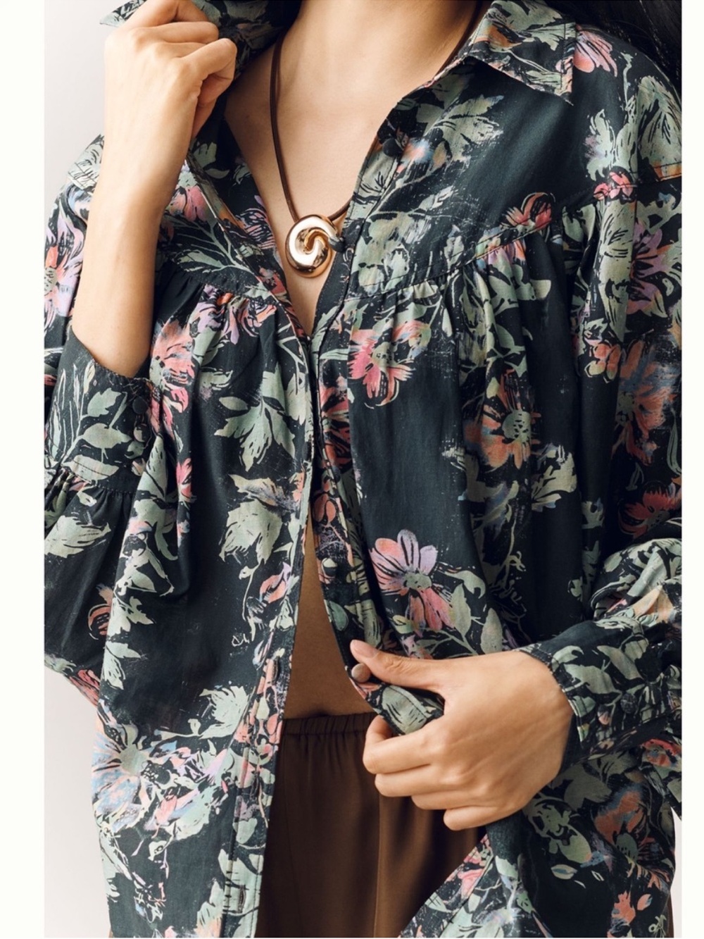 Anthropologie Pilcro Batwing Yoke Long Sleeve Collared Black Floral Blouse